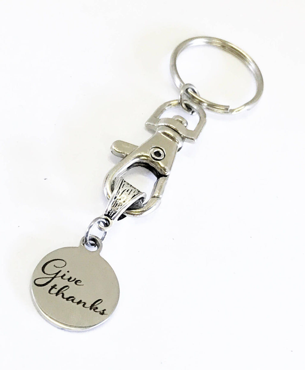 Give Thanks engraved stainless steel keychain